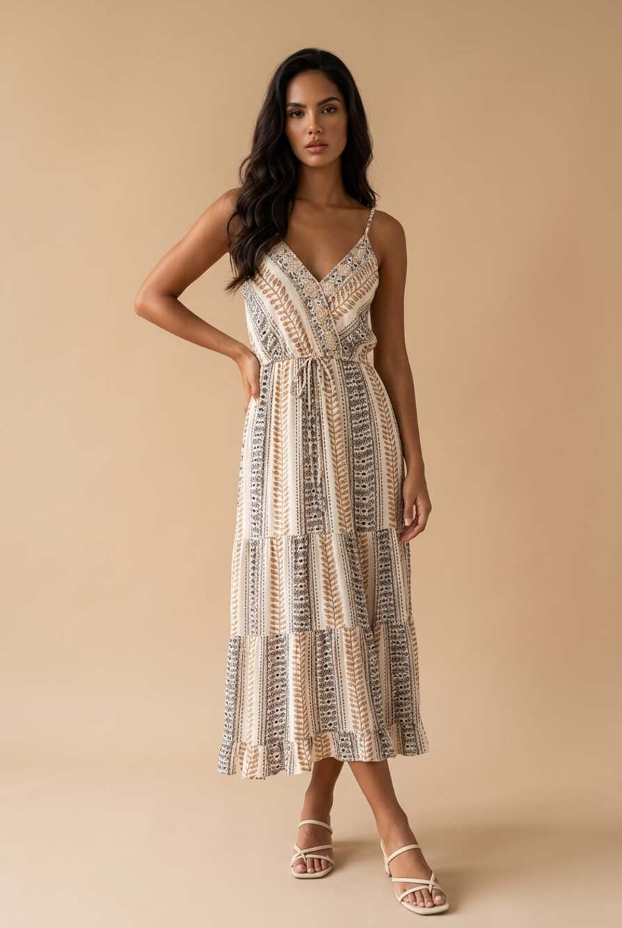 Angie Women's Striped V-Neck Sleeveless Maxi Dress with Embroidered Detail